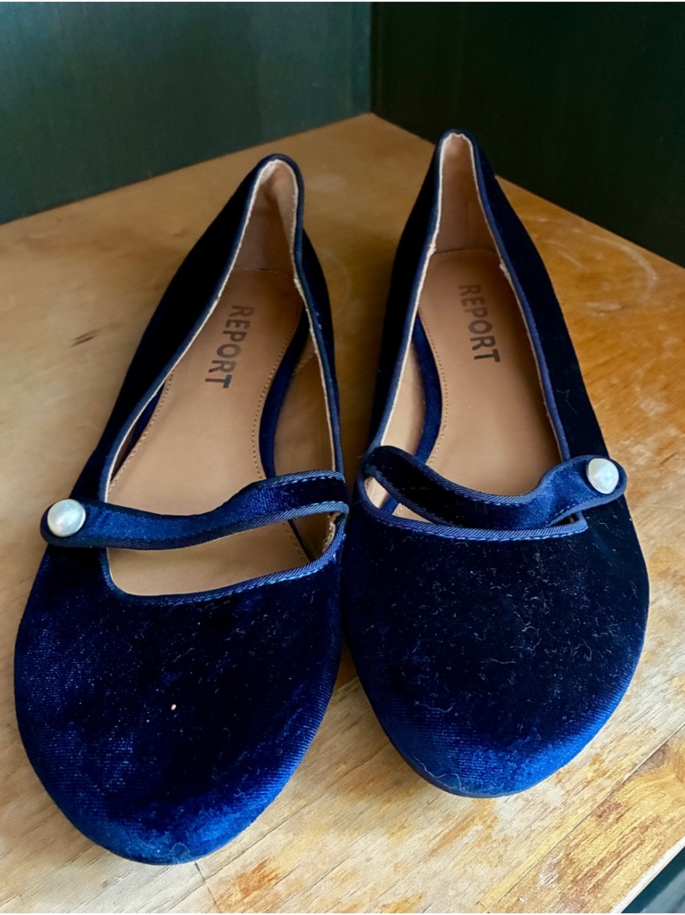 Report Navy Velvet Mary Jane Flats with Pearl Accent